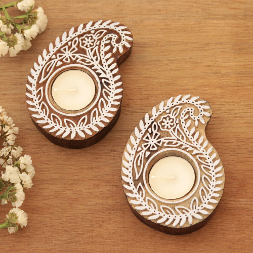 Mango Wood Paisley Tealight Candle Holders Pair 'Paisley Glow'