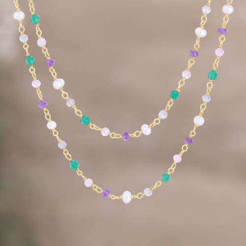 Gold-Plated Green Onyx and Amethyst Beaded Necklace 'In Sync'