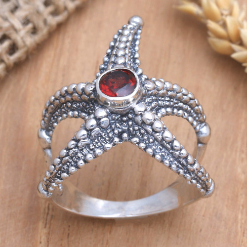 Garnet Sterling Silver Starfish Cocktail Ring from Bali 'Red Starfish'