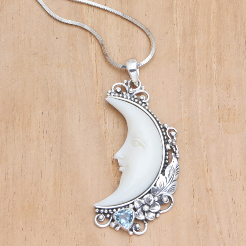 Blue Topaz Pendant Necklace with Crescent Moon Motif 'Flowering Moon'