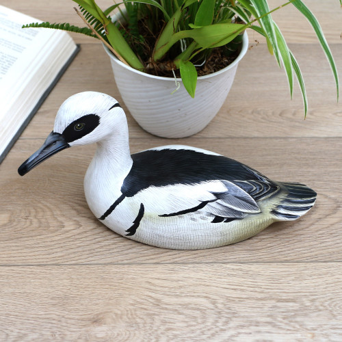 Hand-Painted Suar Wood Duck Statuette 'White Smew'