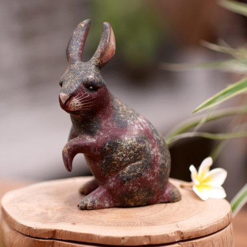 Rabbit Wood Figurine Hand-carved  Hand-painted in Indonesia 'Curious Bunny'