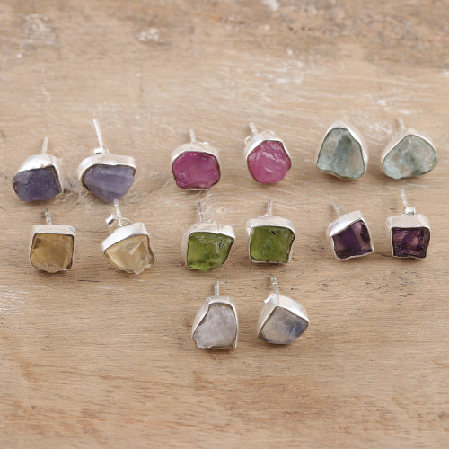 Set of 7 Gemstone Stud Earrings Crafted in India 'Yoga Delight'