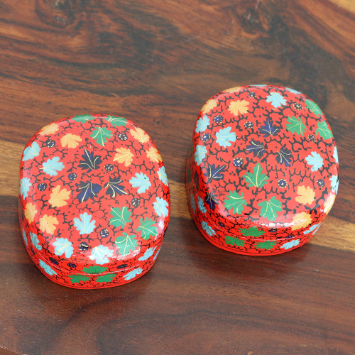 Hand-Painted Papier Mache and Wood Decorative Boxes Pair 'Flourishing Autumn'