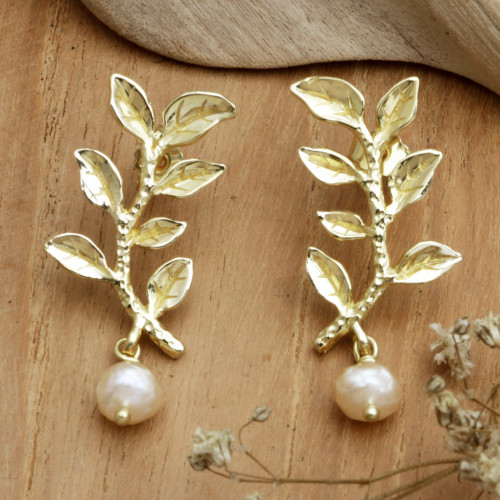 18k Gold-Plated Dangle Earrings with Olive Leaves and Pearls 'Pearly Victory'