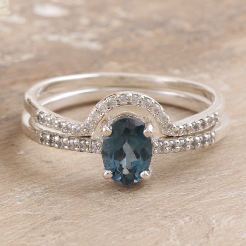 One-Carat London Blue Topaz Stacking Rings Set of 2 'Loyalty Diadem'