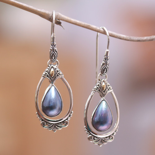 18k Gold-Accented Dangle Earrings with Blue Pearls 'Blue Victoriana'
