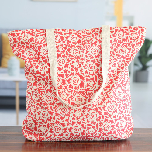 Strawberry Cotton Tote Bag with Floral Block-Printed Design 'Strawberry Fever'