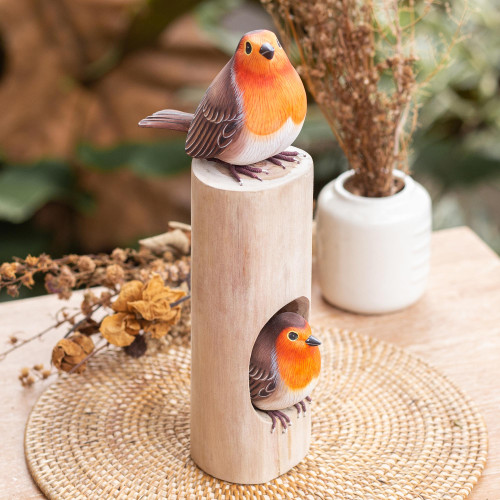 Hand-Carved and Hand-Painted Teak  Suar Wood Bird Sculpture 'Robin's Apartment'