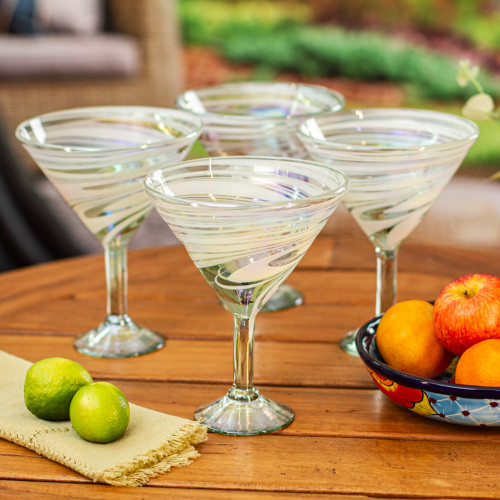 Set of 4 White Handblown Martini Glasses from Mexico 'White Soire'