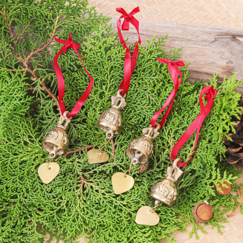 Set of 4 Brass Bell Ornaments with Elephants and Red Ribbons 'Elephant Choir'