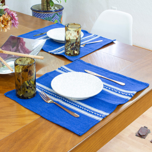 Pair of Blue and White Cotton Placemats Hand-Woven in Mexico 'Blue Delight'