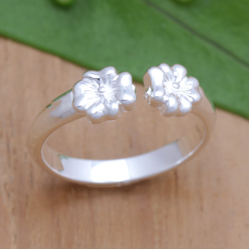 Polished Sterling Silver Wrap Ring with Floral Motifs 'Blooming Embrace'