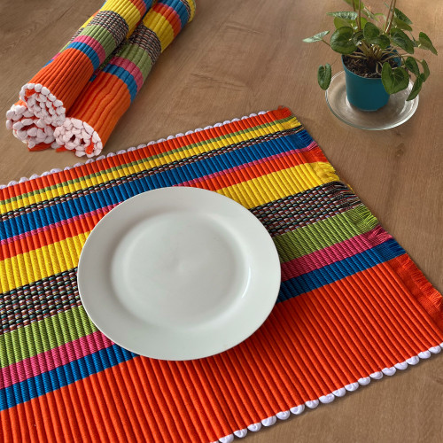 4 Cotton Blend Striped Placemats Hand-Woven in Colombia 'Orange and Rainbow'