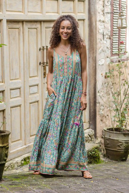Rayon Batik Maxi Dress with Mint Floral Pattern Made in Bali 'Mint Garden'