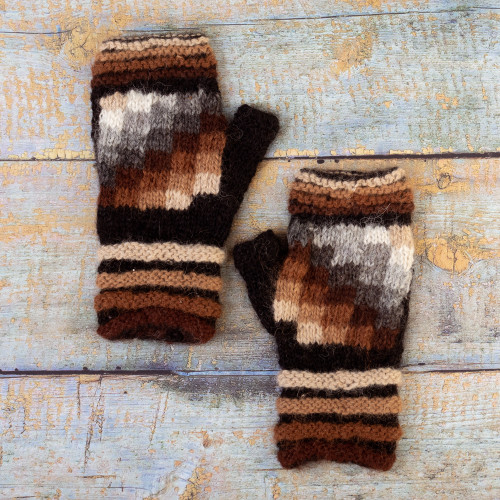 100 Alpaca Geometric Fingerless Mitts Hand-Knitted in Peru 'Andean Cosmovision'