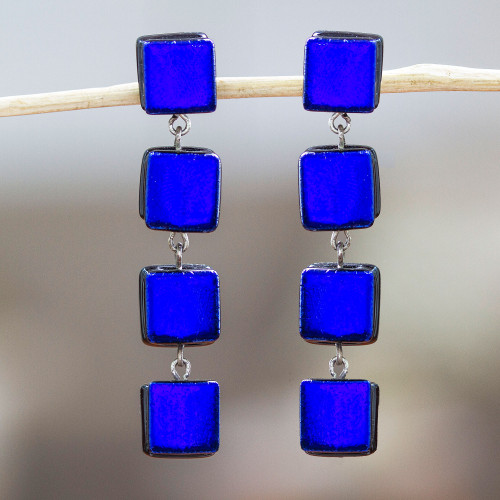 Fused Glass Dangle Earrings with Gold Accents in Royal Blue 'Dichroic Blue'