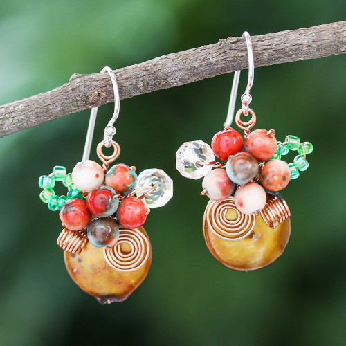 Glass Beaded Cluster Earrings with Quartz and Brown Pearls 'Warm Bliss'