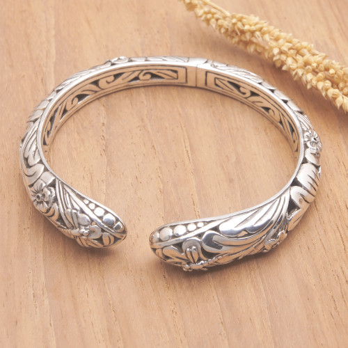 Nature-Themed Sterling Silver Cuff Bracelet from Bali 'Dragonfly's Dream'