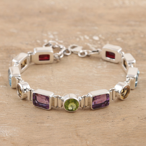 14-Carat Faceted Multi-Gemstone Link Bracelet from India 'United Gems'