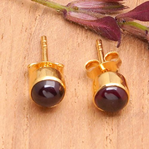 18k Gold-Plated Stud Earrings with Garnet Stone from Bali 'Petite Red'