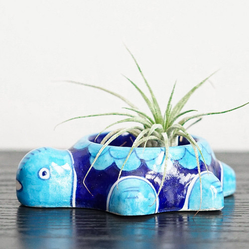 Blue Ceramic Turtle Tea Light Candleholder from India 'Sea Turtle'