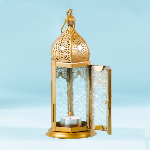 Gold Toned Hanging Lantern with Decorative Glass 'Golden Nights'