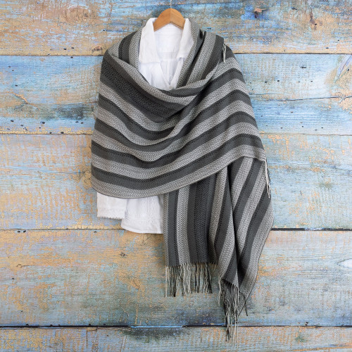 Handloomed Baby Alpaca Blend Striped Shawl in Black and Grey 'Classic Shades'
