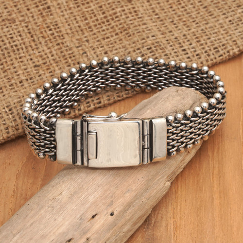 Modern Men's Sterling Silver Wristband Bracelet Made in Bali 'Masculine Allure'