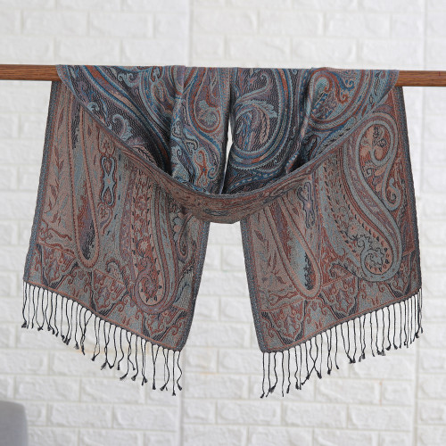 Paisley and Leafy Turquoise and Beige Silk Scarf from India 'Serene Paisley Facets'