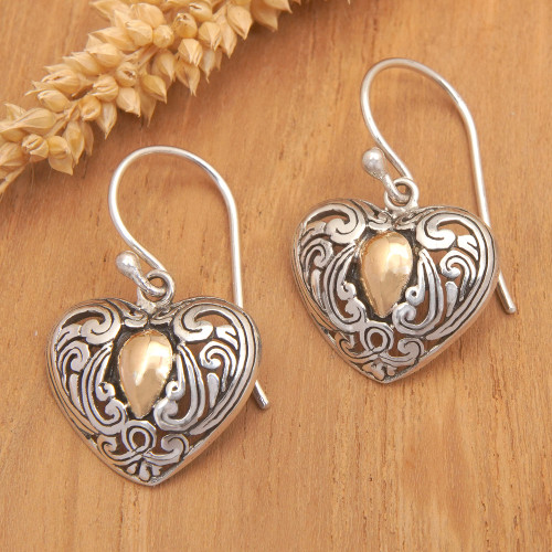 Heart-Shaped Dangle Earrings with 18k Gold-Plated Accents 'Golden Devotion'