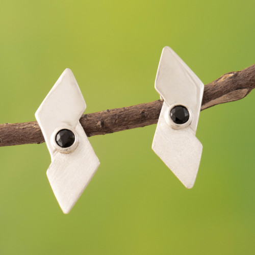 Modern Diamond-Themed Onyx  Sterling Silver Drop Earrings 'Modern Vibes'