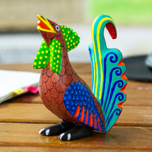 Hand-Carved  Hand Painted Wood Rooster Alebrije Figurine 'Striking Rooster'