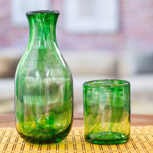 Green Handblown Recycled Glass Carafe and Cup Set Pair 'Delicate Green'