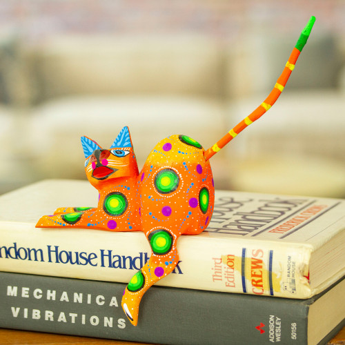 Orange Cat Hand-Painted Wood Alebrije Shelf Sitter Figurine  'Orange Cute Cat'