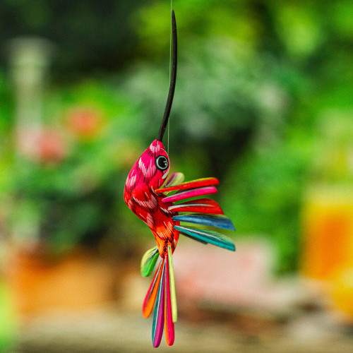 Hand-Painted Carnation Copal Wood Alebrije Bird Ornament 'Festival Plumage'