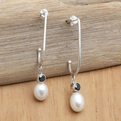 White Cultured Pearl and Faceted Onyx Dangle Earrings 'The Mystic Pearls'