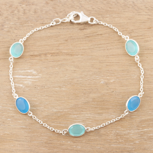 Sterling Silver and Blue Chalcedony Station Bracelet 'Aqua Balance'