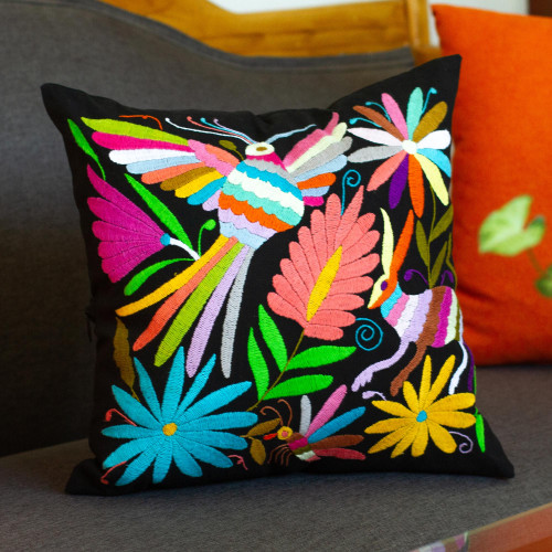 Tenango Style Embroidered Cushion Cover With Zipper 'Tenango Night'