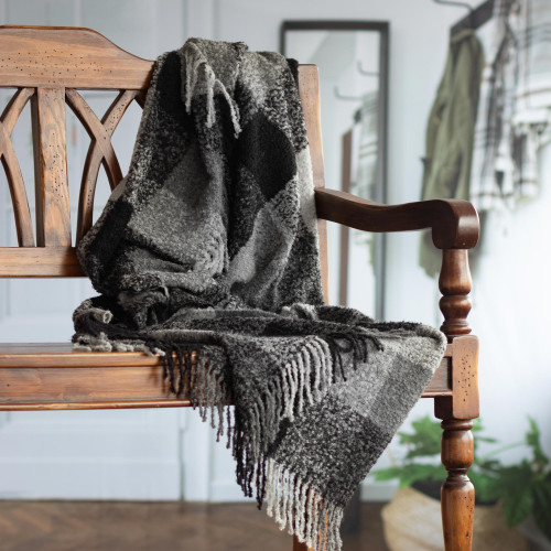 Grey Plaid Alpaca Blend Boucle Throw with Fringe from Peru 'Grey Boucle'