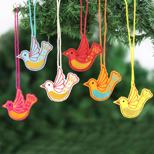 Embroidered Wool Bird-Motif Holiday Ornaments Set of 6 'Peace Messenger'