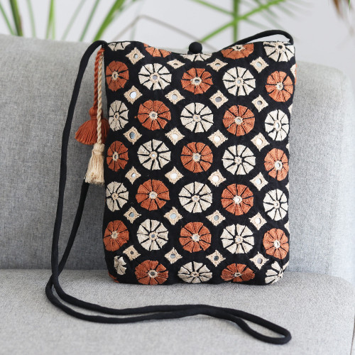 Hand-Embroidered Cotton Sling Bag from India 'Spinning Blossoms'