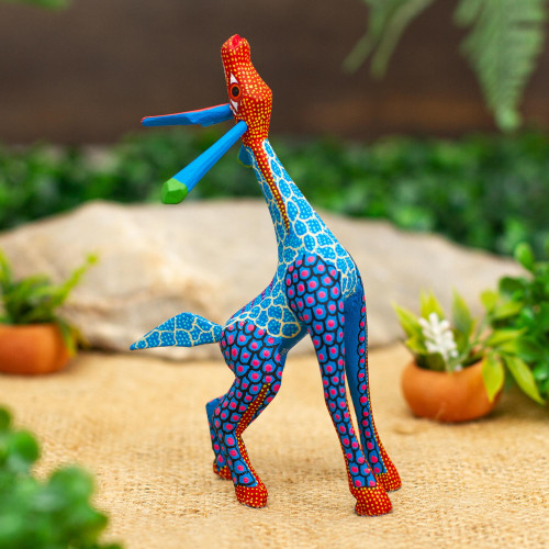 Wood Giraffe Alebrije Hand Painted in Blue and Ochre 'Stargazing Giraffe in Blue'