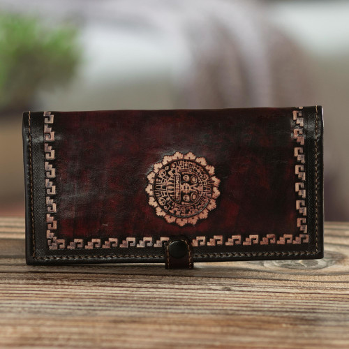 Brown Leather Wallet with Embossed Inca Sun Symbol from Peru 'Cusco Sun'