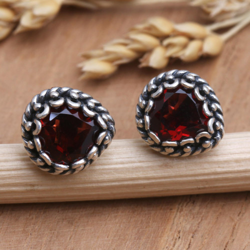 Garnet and Sterling Silver Stud Earrings 'Mon Amour'
