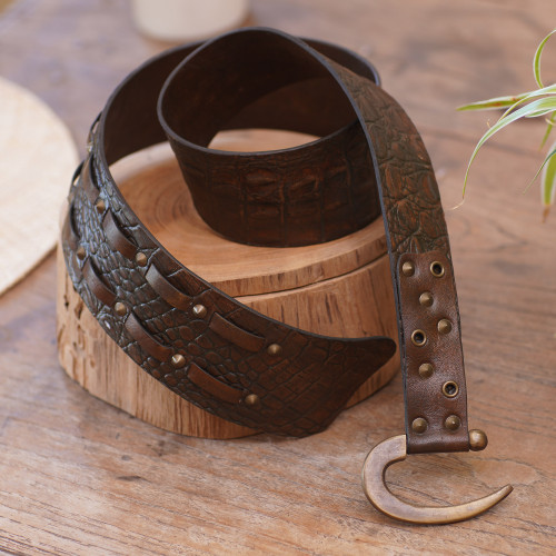 Brown Leather Belt with Iron Hook Buckle Handcrafted in Bali 'Resilience Journey'