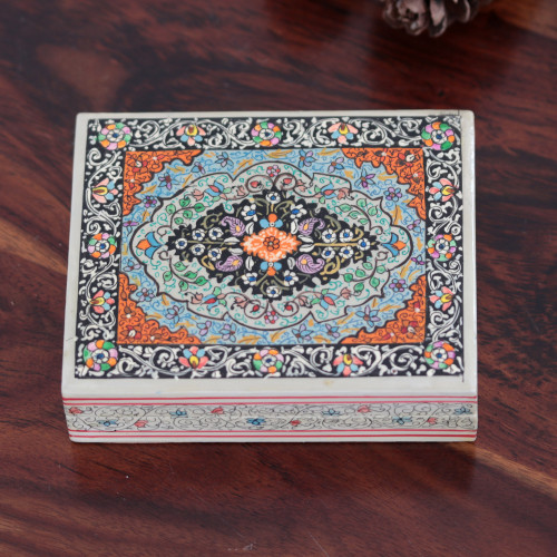 Indian Wood Papier Mache Decorative Box in Blue 'Persian Midnight Garden'
