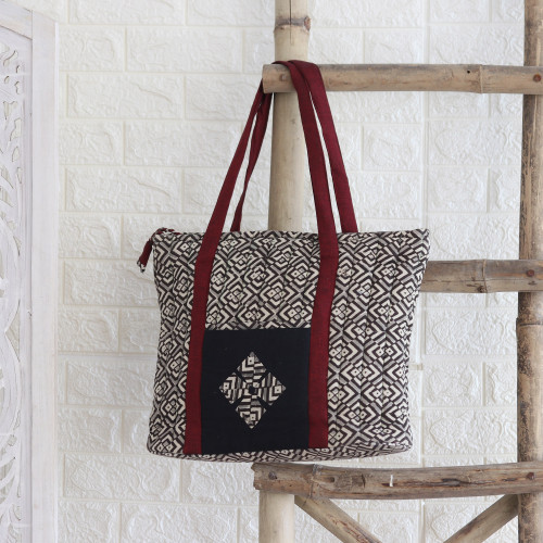 Quilted Cotton Tote Bag with Block-Printed Pattern 'Diamond Labyrinth'
