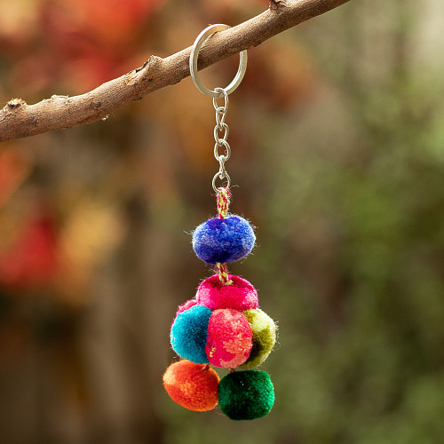 Handcrafted Multicolor Pompom Hat-Shaped Keychain from Peru 'Merry Little Hat'