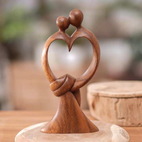 Hand-Carved Suar Wood Sculpture with Modern Loving Couple 'Love Bond'